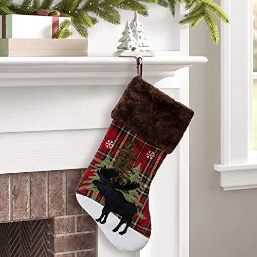 GMOEGEFT Christmas Stocking, Farmhouse Red and Black Buffalo Plaid Black Moose Embroidered Xmas Stocking, Christmas Party Decorations Fireplace Hanging Ornaments