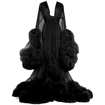 MIAOXIAO Women's Sexy Robe Lingerie Bathrobe Transparent Feather Robe Tulle Long Sleeve Lace Nightdress Kimono Bathrobe with Ruffles Feather Trim 8