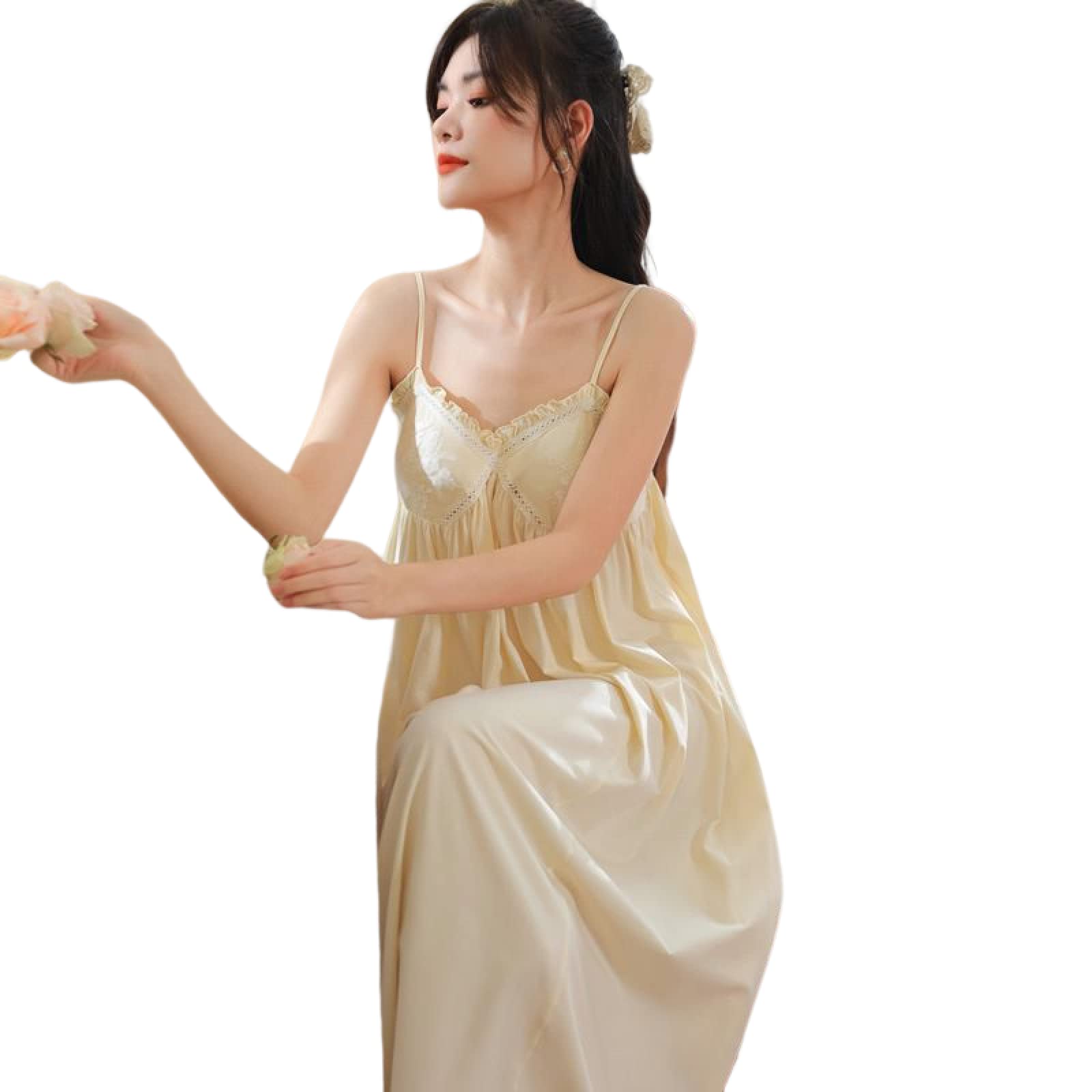 OFFSUM Camisón Elegante De Princesa Sin Mangas con Tirantes De Color Sólido Camisón De Verano De Algodón con Encaje Sexy Almohadilla para El Pecho Ropa De Dormir