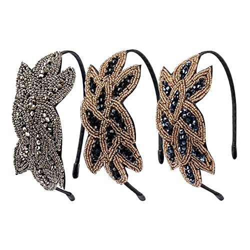 Framendino, 3Pcs 1920s Flapper Headbands Floral Leaf Flapper Headpiece for Women Vintage Rhinestone Hairband Hair Accessory