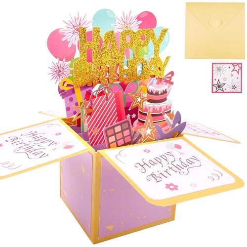 Tarjeta de cumpleaños, Tarjeta de cumpleaños 3D Pop Up Happy Birthday, Tarjeta plegable hecha a mano con sobre, Regalo de cumpleaños para esposa, novia, hombres y amigos – Oro rosa 18 x19 cm