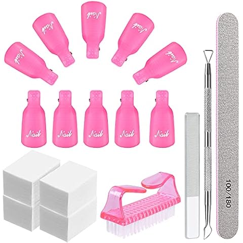 Gel Nail Remover Kit, MORGLES 10PCS Nail Clips Gel Nail Remover Clips 300Pcs Nail Wipe Cotton Pads Nail Files 100/180 Glass Nail Shiner with Cuticle Pusher&Nail Brush for Gel Nail Removal Cover