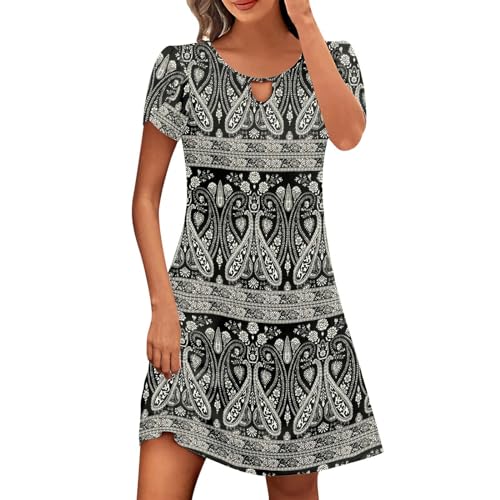Warehouse Deals Angebote Strandkleid Damen Sommer Kurzarm Boho Kleid Casual Baumwolle Sommerkleider Knielang T-Shirt Kleider Leichte Vintage Minikleid Lose Elegant Blumenkleid Blusenkleid