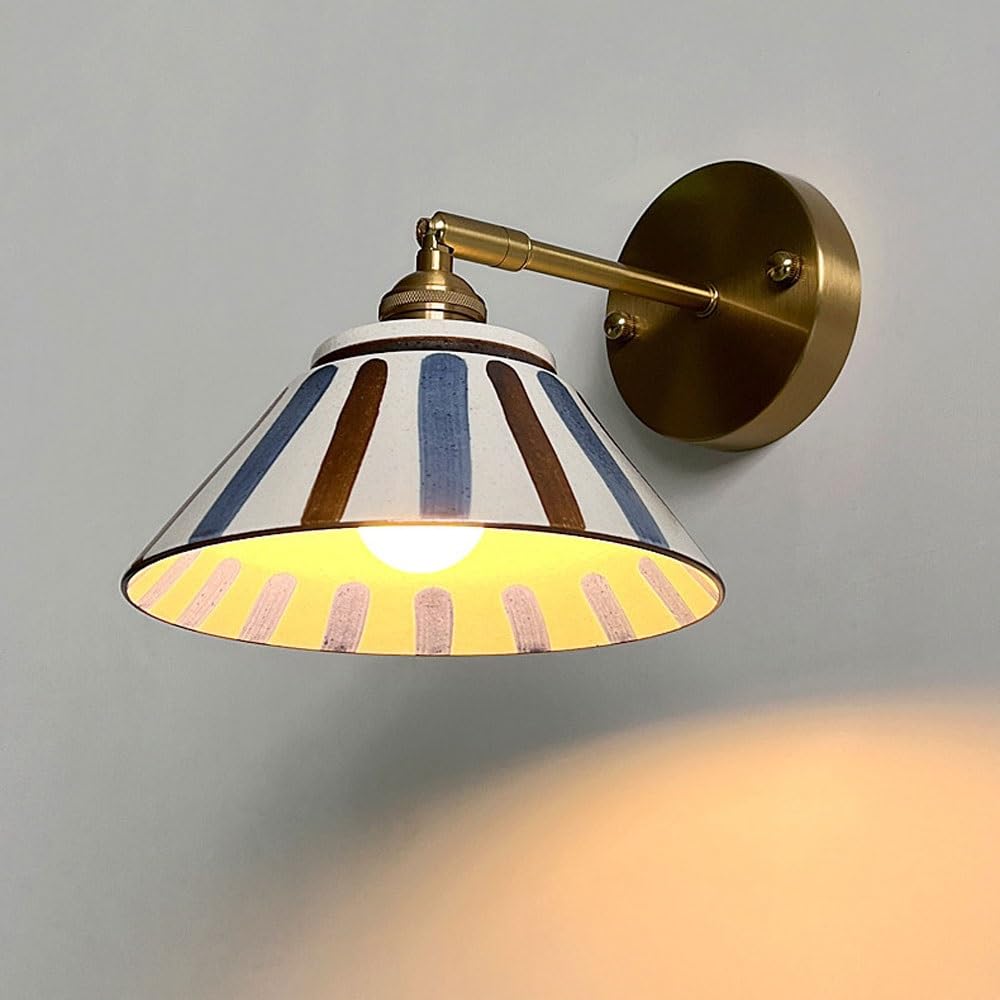 ITOSUI Vintage Ceramic Wall Sconce Gold Finish Wall Light Fixture, Blue and White Porcelain Wall Lamp Bedroom Headboard Lighting, Adjustable Wall Sconces for Living Room Farmhouse(C)