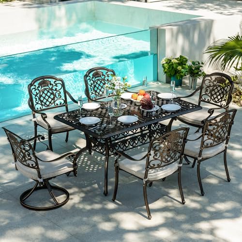 ADREAK 7-Piece Cast Aluminum Patio Furniture, Patio Dining Sets for 6 Includes 4 Stackable Chairs, 2 Swivel Chairs and 60'' Rectangular Patio Dining Table with Umbrella Hole, Beige