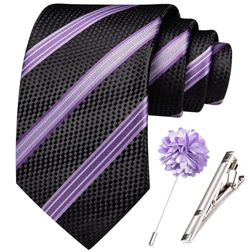 Image of Hi-Tie 63 inches Striped Paisley Extra Long Ties for Men Silk Necktie with Lapel Pin Tie Clip Big and Tall Men Formal Wedding