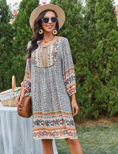 Image of Bluetime Women Casual Summer Dress Boho V Neck 3 /4 Sleeve Babydoll Floral Print Flowy Beach Dress