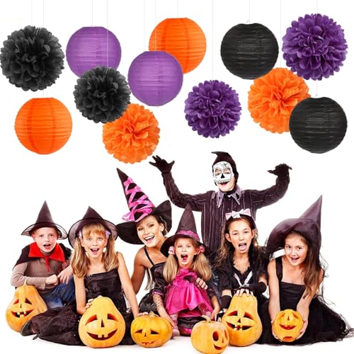 Image of Purple-Orange Black Party-Decorations Paper-Flowers Lanterns - 15PCS Halloween Tissue Pom Poms Streamers,Vintage Birthday Retro Baby Bridal Shower Wedding Bachelorette Hanging Supplies Decor Hugfond
