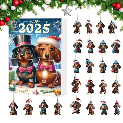 Calendario de Adviento de Perros Salchichas 2025, Calendario de Cuenta Regresiva de Navidad de 24 días, Colgantes de Perros Salchichas Acrílicos 2D para Decoración del Árbol de Navidad