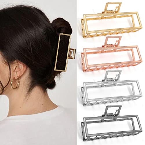 Metal Hair Clips For Women, 4Pcs Square Claw Clips For Thick Hair, Large Hair Clips Rectangle Claw Clip, Banana Clips Hair Rose Gold Black Silver Gold Hair Clips 3.5 Inches #TOP7