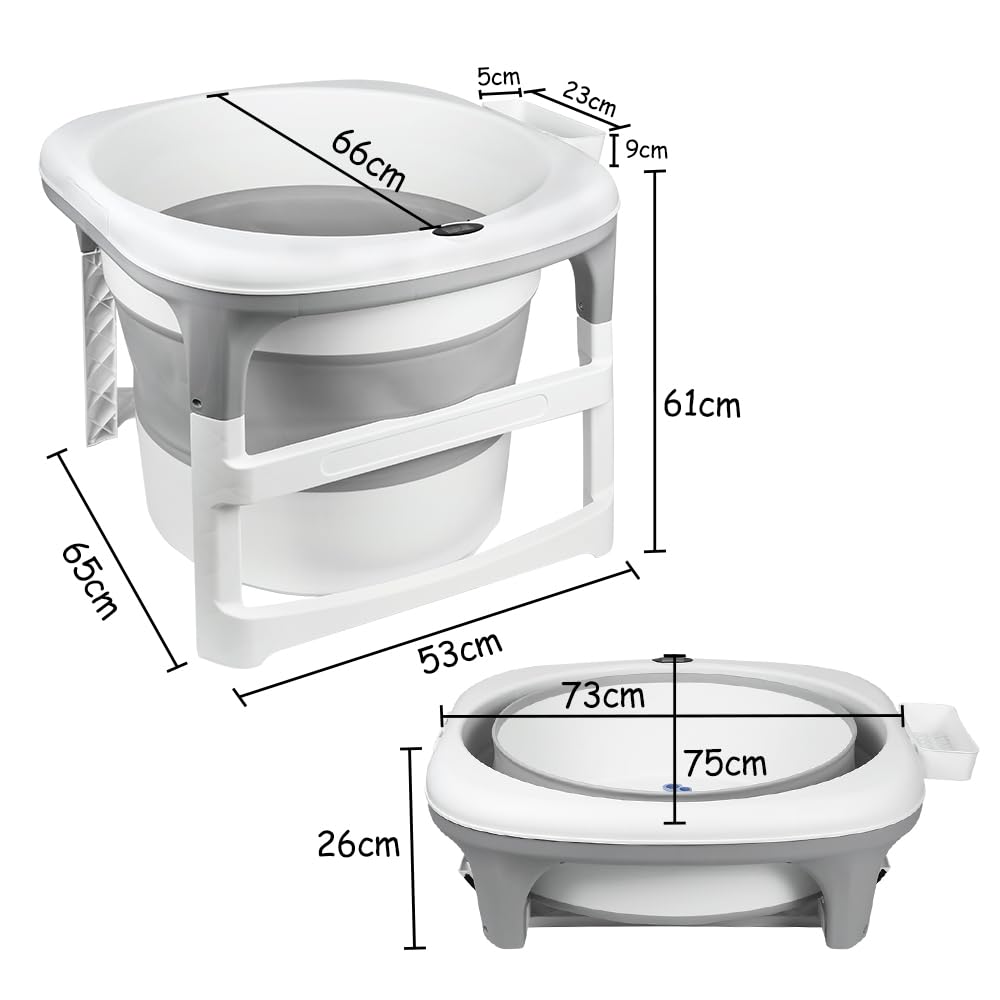 Große faltbare Badewanne für Babys bis 18 kg, XXL-Babydusche, rutschfeste Füße, Ablaufstopfen, Kapazität 200 l (grau, rund, 67 x 67 x 61 cm)