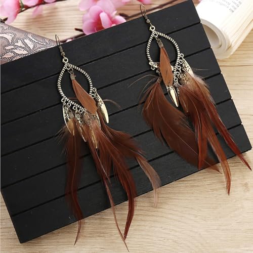 2 Pairs Brown Dream Catcher Feather Earrings for Women Bohemian Vintage Tassel Drop Dangle Earrings Ethnic Long Fringe Dreamcather Earring for Women Ear Jewelry - QC4