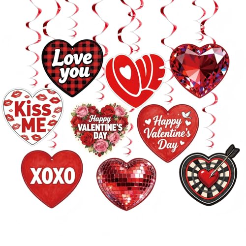Image of 48 Pcs Red Heart Hanging Decor Set with Diamond, Disco Ball, Dartboard & XOXO Designs - Romantic Swirl Streamers for Valentine's Party, Anniversary, Holiday Celebration