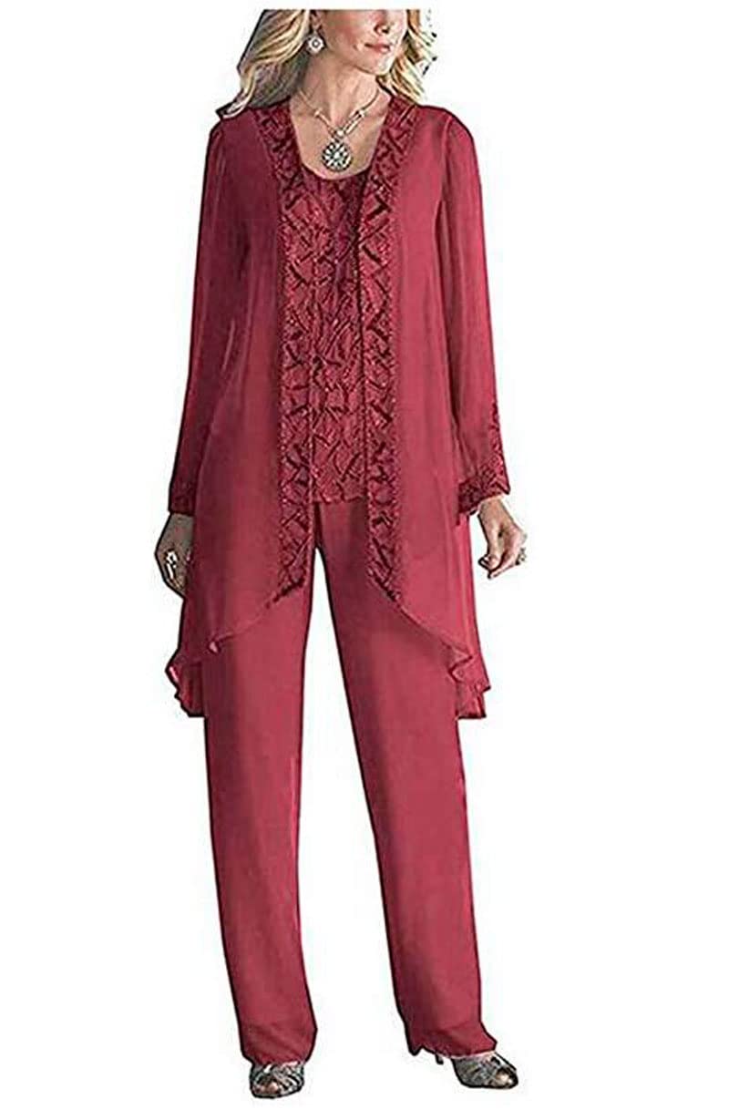 Botong Women's Burgundy 3 Pieces Chiffon Dress Mother Of The Bride Pants Suits With Beaded Jacket Wedding Outfit Evening Gown Uk18