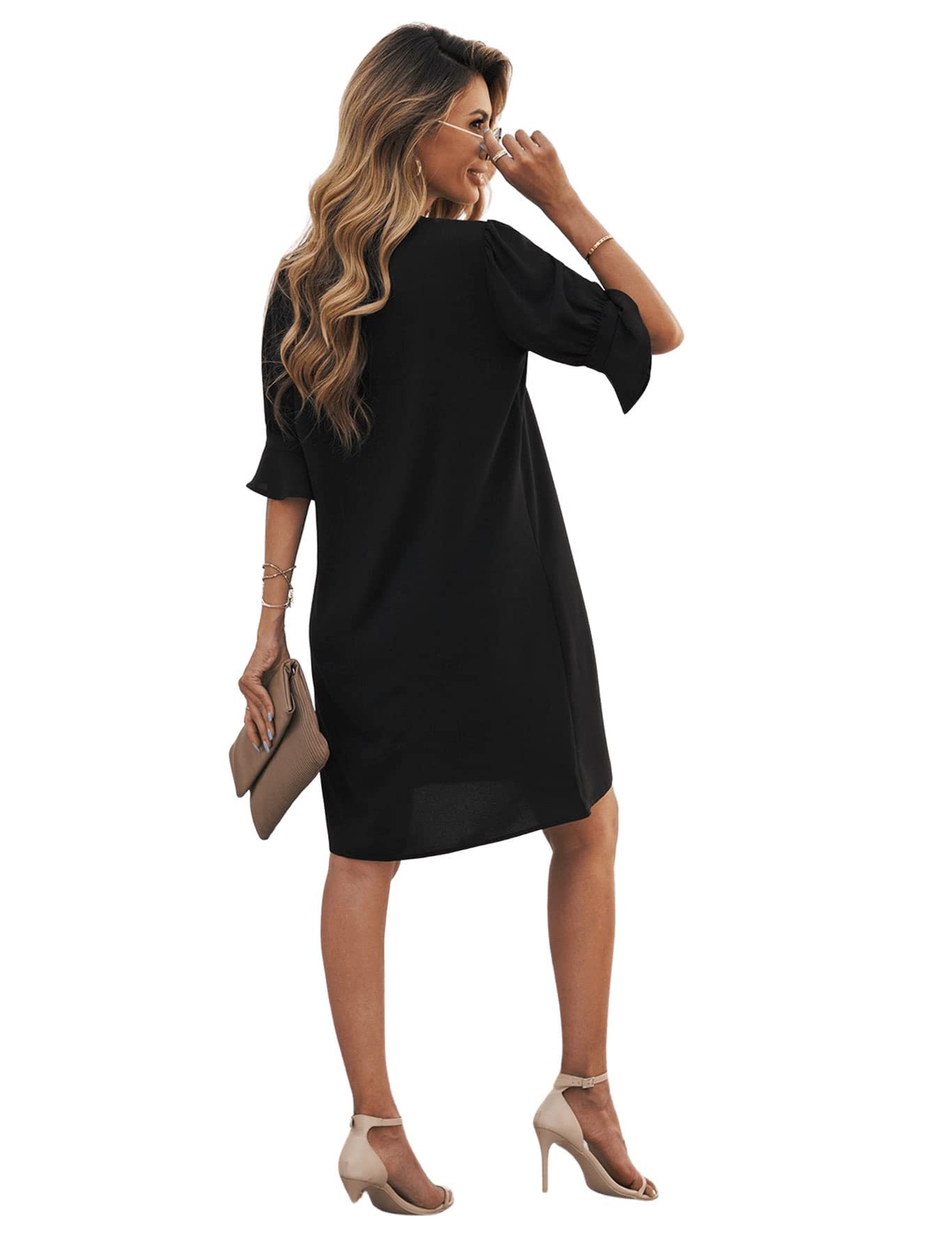 Famulily Abito corto da donna con scollo a V a mezza manica elegante estivo casual tinta unita S-XXL