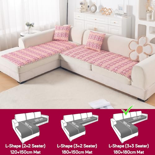 Image of HOKIPO L Shape (3+3 Seater) Sofa Cover Seat Mat | 300 GSM Cotton Acrylic Jacquard Fabric with Tassel, 'Trivana Series' Cherry Red (IN-936-J8*2)