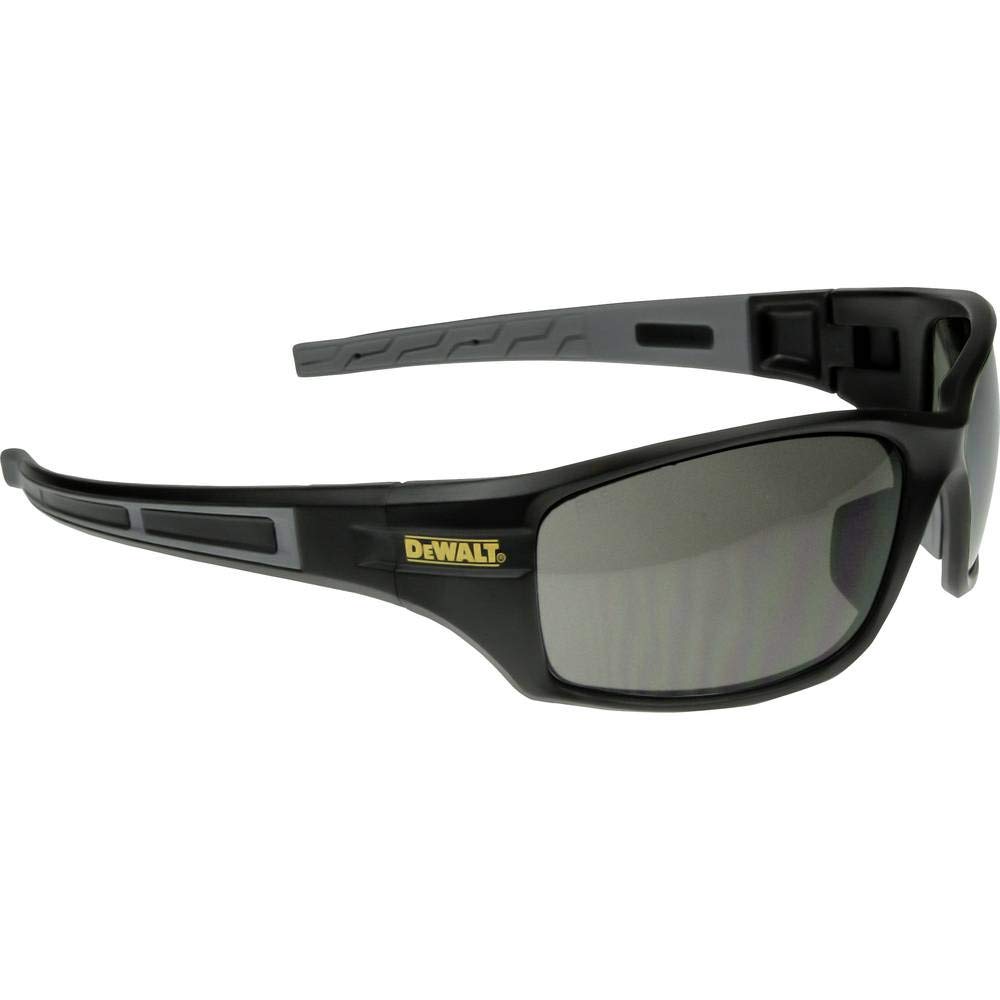 DEWALT DPG101 Auger Safety Glasses with smoke wrap‑around polycarbonate lens. No‑slip temple grips, ANSI Z87.1+ compliant design, and UV protection for work tasks.