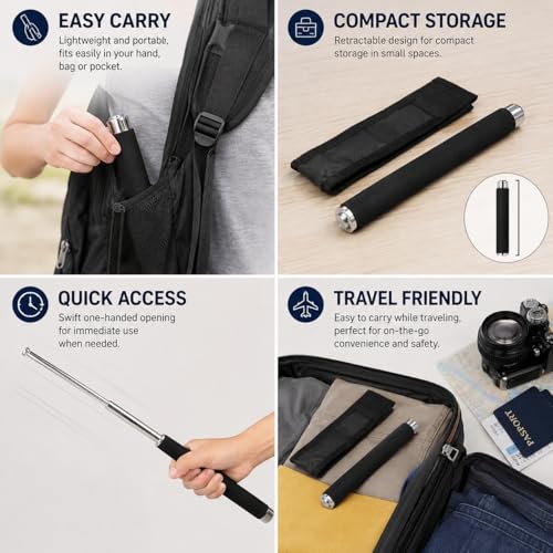 Image of Stainless Steel self Defence Stick Foldable Pointer Compact Magical, Extendable Wand with Comfortable Grip & Hiking Stick, Extendable Wand with Non-Slip Grip (Pack of 1)