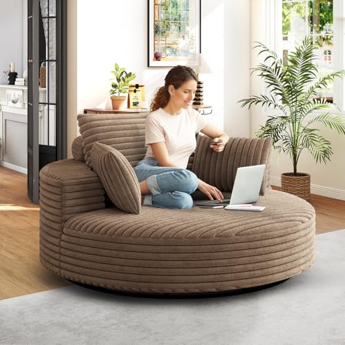 360-Degree Oversized Swivel Chair, Modern Round Circle Corduroy Comfy Deep Seat Swivel Accent Chaise Lounge Sofa Chair with Back Cushion & 2 Throw Pillows for Living Room Bedroom Office, Brown