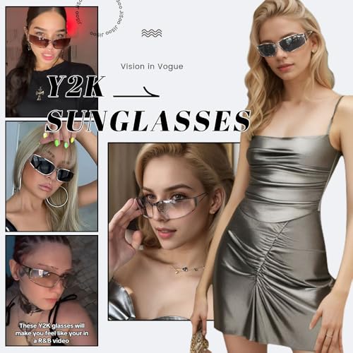 JiSoo Y2K Sunglasses for Women Cool Silver Sunglasses - 2000s Clear Glasses Rave Festival Accessory4