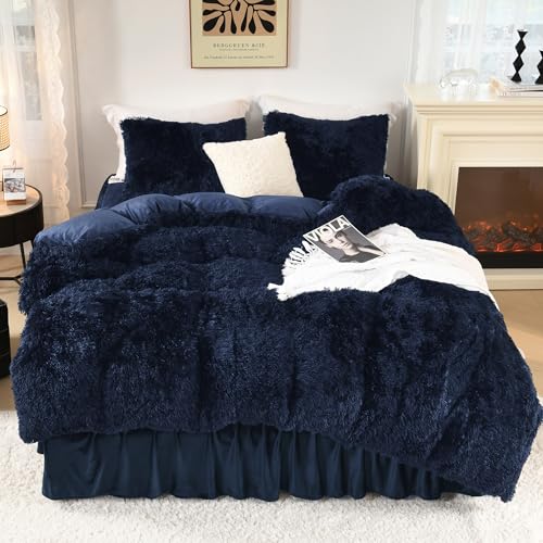 Litanika Navy Blue Fluffy Comforter Full Size, Luxury Plush Faux Fur Bedding Warm Fuzzy for Full, Ultra Soft Velvet Bed Set 3 Pieces(1 Shaggy Comforter 79×90 Inch, 2 Pillowcases)