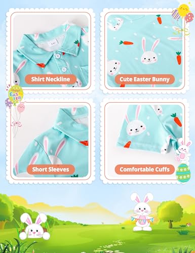 Image of Toddler Boy Easter Outfit 4t-5t Boys Easter Outfit Bunny Print Blue Short Sleeve Shirt Carrot Print Shorts 2 Piece Easter Outfit
