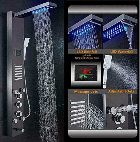 Columna de Ducha LED con Sistema Torre, Chorro Lluvia y Masaje, Acero Inoxidable Negro miniatura 2