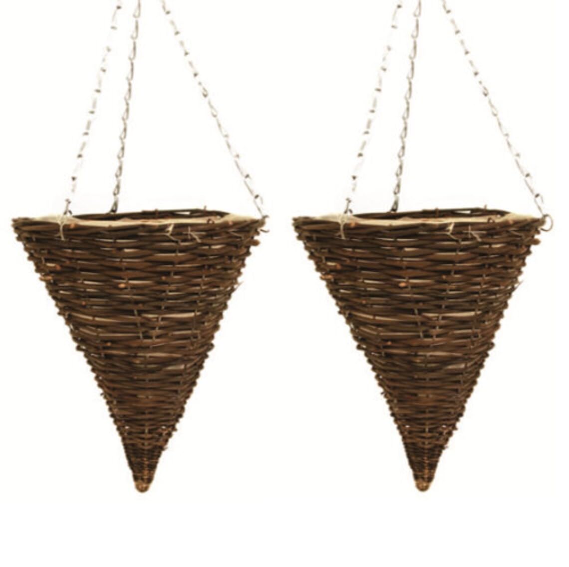 Fyne-Finds Brown Set Of 2 Cone 30Cm, 12Inch Dark Wicker Hanging Basket Lined Rattan Willow Planter