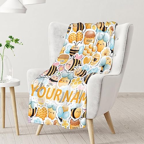 Personalized Bee Blanket Gifts, 60"x80" Cute Throw for Women Girls, Soft Cozy Warm Flannel Blanket for Sofa Bed