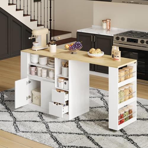 Merax Mesa de bar con espacio de almacenamiento, con estantes y 2 cajones, isla de cocina con encimera extensible, 115 cm, con función giratoria de 360°, color blanco