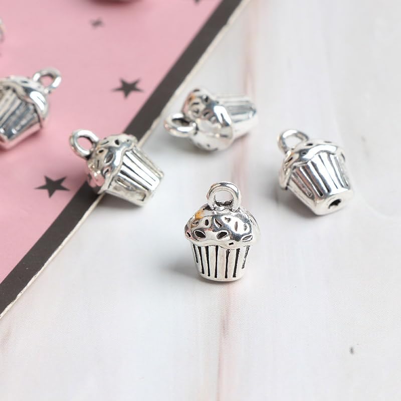 Miniatura 5 de 50 dijes para tartas de taza, colgantes de plata envejecida, doble cara, 3D, 0.394 x 0.394 in, hechos a mano, Metal