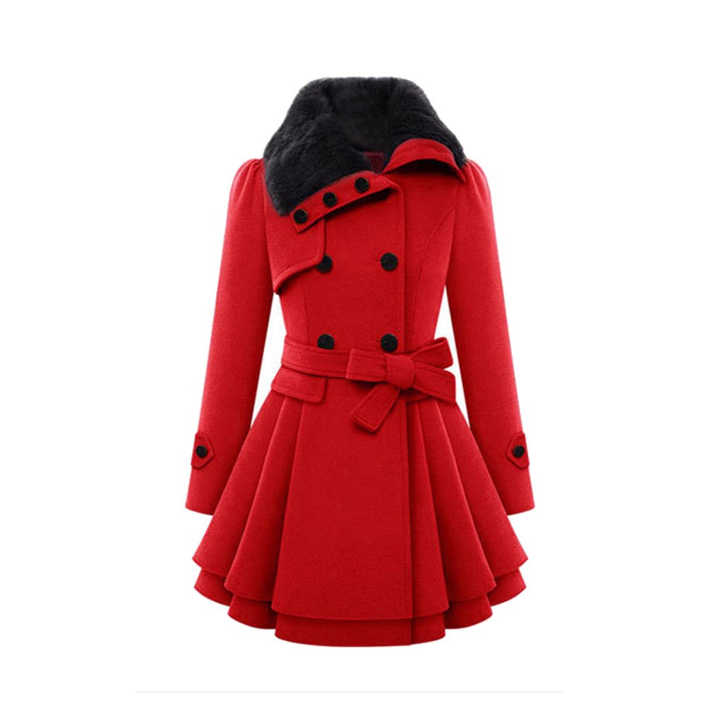 Women Winter Warm Coat Faux Woolen Trench Thicken Warm Slim Hem Cloak Jacket Ladies Windbreaker Long Sleeve Cardigan Top Outerwear Overcoat Plus Size Red