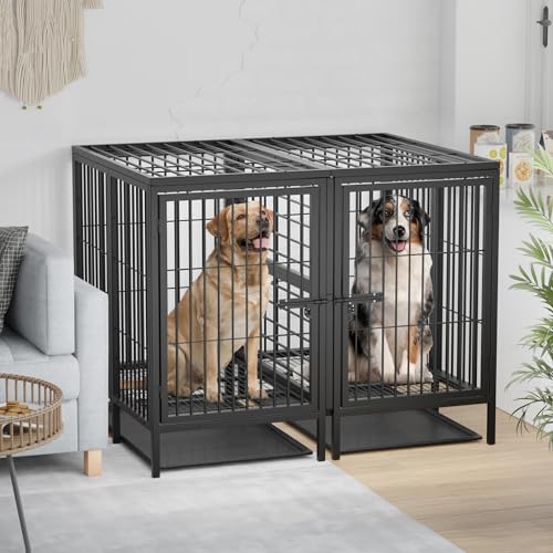 BingoPaw Hundekäfig XXXL Schwerlast Hundebox: 2 in 1 Doppelbox Hundegitterbox mit Trennwand, 2 Türen und Tablett, Haustierkäfig Outdoor Indoor für große mittelgrosse Hunde 130x100x100 cm
