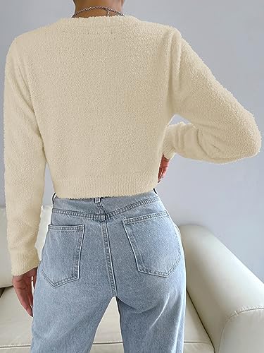 SweatyRocks Women's Long Sleeve V Neck Sweater Crop Top Button Front Fuzzy Knit Cardigan2