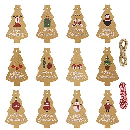 UBERMing Etiquetas de Navidad 120 Piezas Etiquetas de Papel Kraft de Navidad Marrón Pequeñas Etiquetas Colgantes árbol de Navidad con Cuerdas de 2 Rollo 10m Yute para Navidad Cover