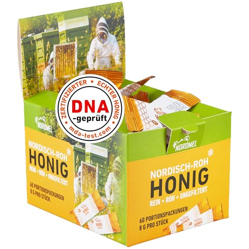 Nordmel Honig Päckchen 60er-Packung - 8gr pro Päckchen - purer cremiger Naturhonig - ungefiltert nicht pasteurisiert kristallisiert und nachhaltig