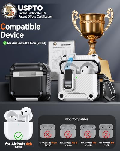 Image of Dual Safety Lock for AirPods 4 Case 2024, Compatible with MagSafe - Designed with Automatic Switch and Phone Stand, Includes a Cleaner & Keychain - Rugged Tough Hard Shell for Apple AirPods 4