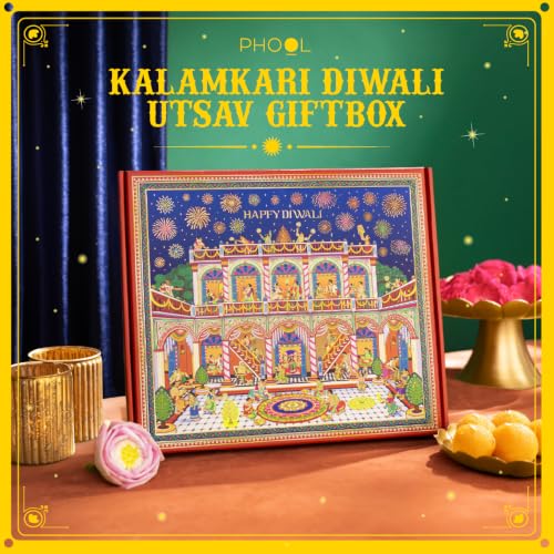 Image of Phool 15 Item Kalamkari Diwali Utsav Gift Box Ladoo, Chikky, Laxmi Charan, Incense, Havan Cup, Candles, Diya and Decor, Premium Diwali Gift Hamper for Family, Friends & Corporate Gifting