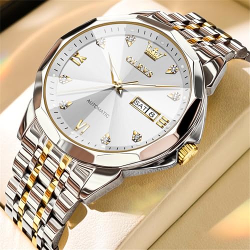 Image of OLEVS Watch for Men Automatic Classic Mechanical Watch Diamond Mirror Stainless Steel Dress Casual Waterproof Day /Date Calendar