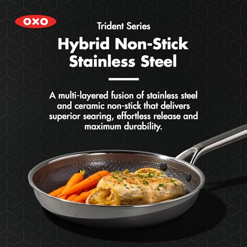Image of OXO Hybrid 8 inch 10 inch & 12 inch Frying Pan Skillet Set With Lids, PFAS-Free Ceramic Nonstick, Fusion Boost Tech, Powerful Searing, Induction & All Cooktop Compatible, Dishwasher Safe, Mirror Polished Tri-Ply