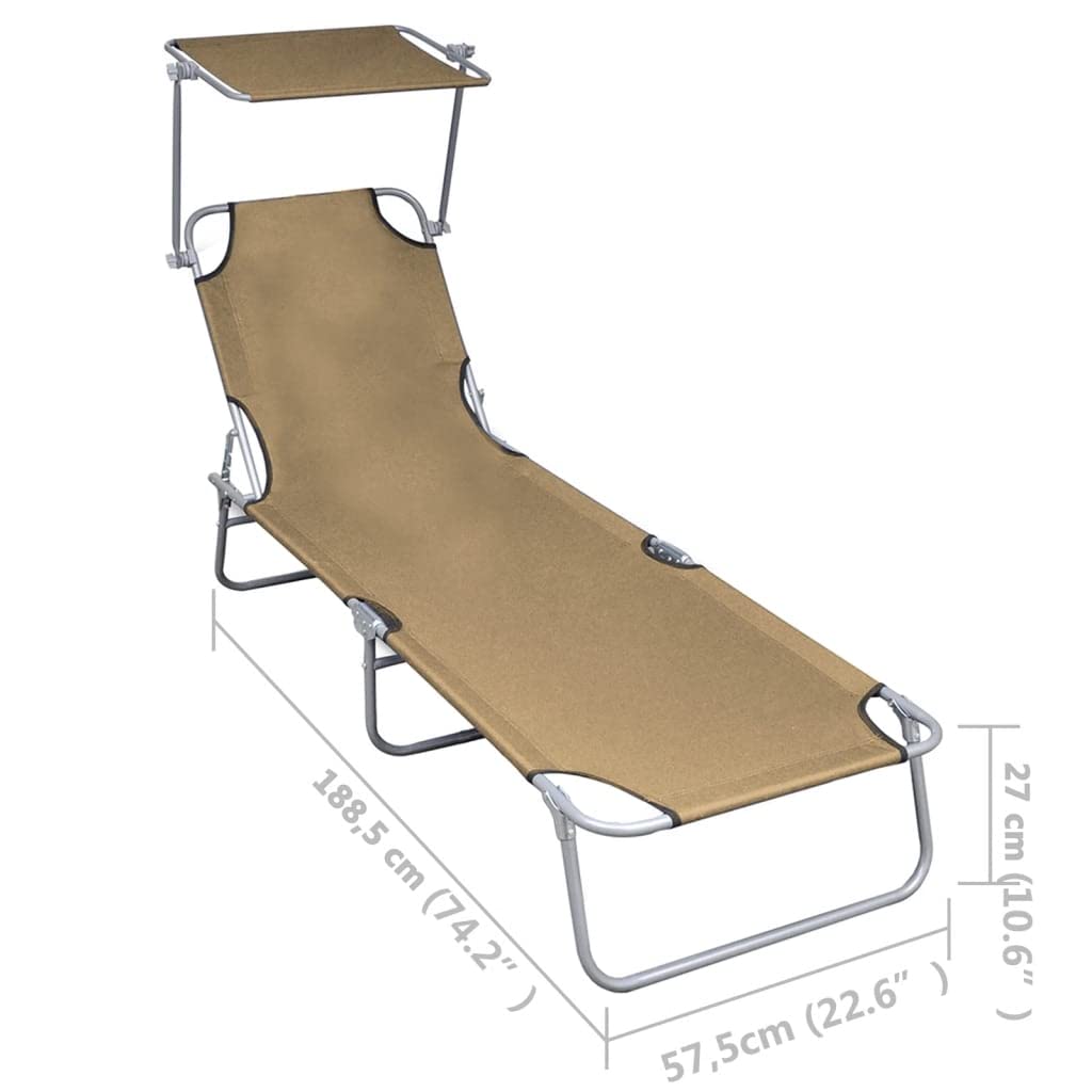 Składany leżak z zadaszeniem taupe aluminium regulowane oparcie leżak ogrodowy składany z daszkiem na taras basen plażę patio odporny na warunki atmosferyczne do 110 kg przenośny lekki poliester 600D