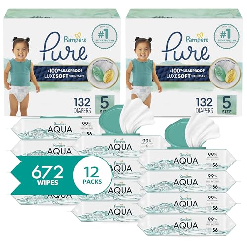 Image of Pampers Pure Protection Disposable Baby Diapers Size 5, 2 Month Supply (2 x 132 Count) with Aqua Pure Sensitive Baby Wipes, 12X Pop-Top Packs (672 Count)