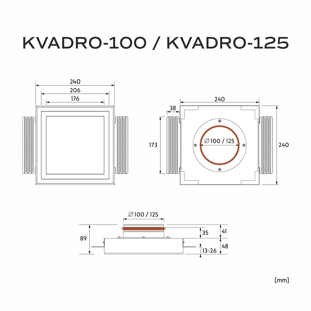 KVADRO-100 - Presa di ventilazione quadrata senza cornice - valvola a disco da 100 mm con magnete - diffusore verniciabile 4"