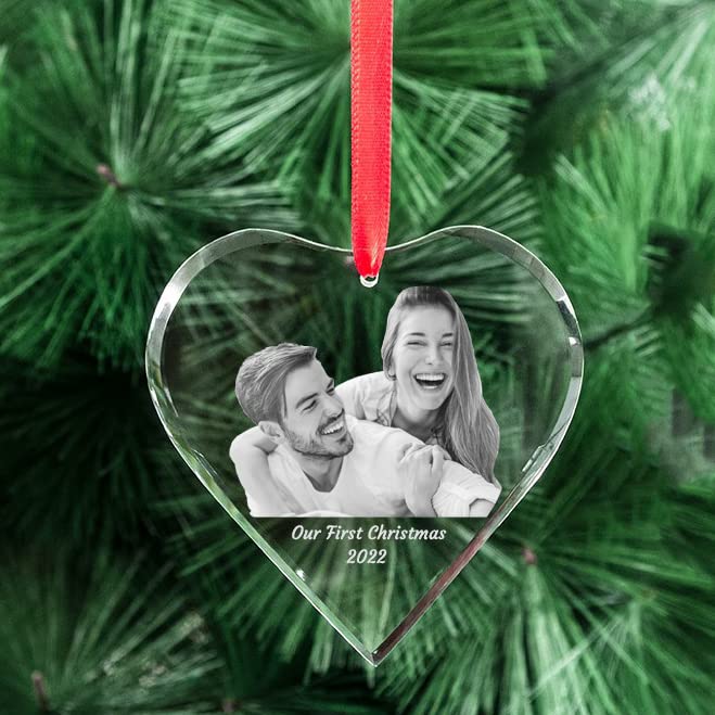 Personalized 2D/3D Crystal Photo Laser Engraved Glass Crystal First Christmas Ornament Customized Christmas Wedding Birthday Gift (Heart Ornament)