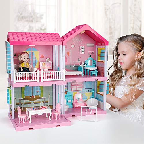 678 Dreamhouse Dollhouse Kit, Doll House Asseccories and Furniture, DIY Pretend Play Building Playset Toys with Doll and Lights, Dreamy Princess House for Toddlers, Kids Boys & Girls (4 Rooms)
