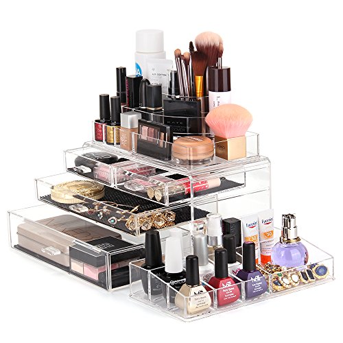 MelodySusie Large Acrylic Makeup Organizer - A Set of 3 Pieces Transparent Modern Jewelry and Cosmetic Storage/The Best Makeup Holder for All of Your Cosmetics, Jewelries, Nail Polishes etc.