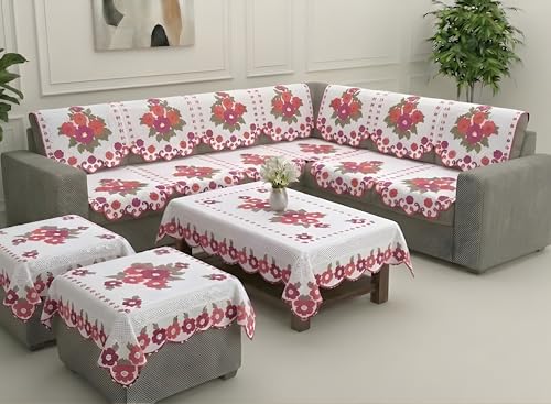 Image of Fab Nation Sofa Cover L Shape 6 Seater with Corner L Type Fully Covered Sofa Set for Living Room | Cotton Sofa Slipcovers for 3 + 3 Seaters Cover + 2 Setty Covers + 1 Table Cover Set | Flower Pink