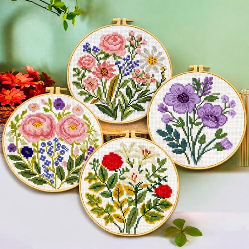 Image of Zhenqing 4-Piece Floral Cross Stitch Kit for Beginners - 11CT 24x24cm Christmas Embroidery Set with Pre-Printed Fabric, Hoop, Threads & Tools(70526)