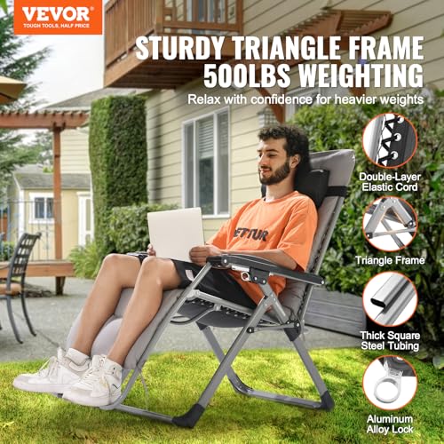 Image of VEVOR Zero Gravity Chair, 26 inch Zero Gravity Recliner Lounge Chair for Indoor and Outdoor, Adjustable Anti Gravity Chair with Cushion, Headrest, Footrest, and Cupholder, 500 lbs, Gray