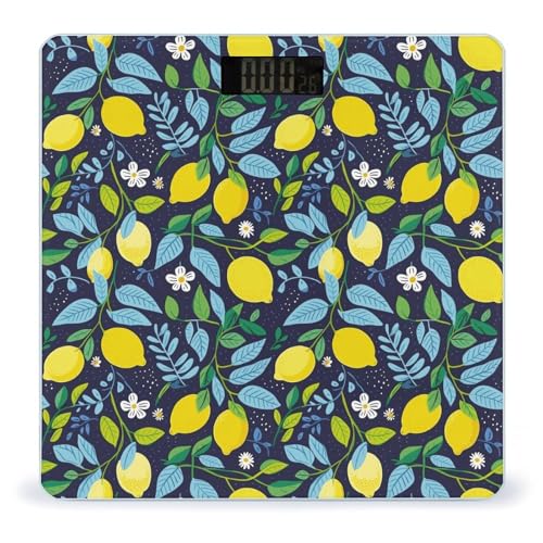 Báscula digital con estampado de hojas florales de limón para peso corporal, pantalla LCD brillante, báscula digital para baño con encendido y apagado automático, superficie de vidrio templado